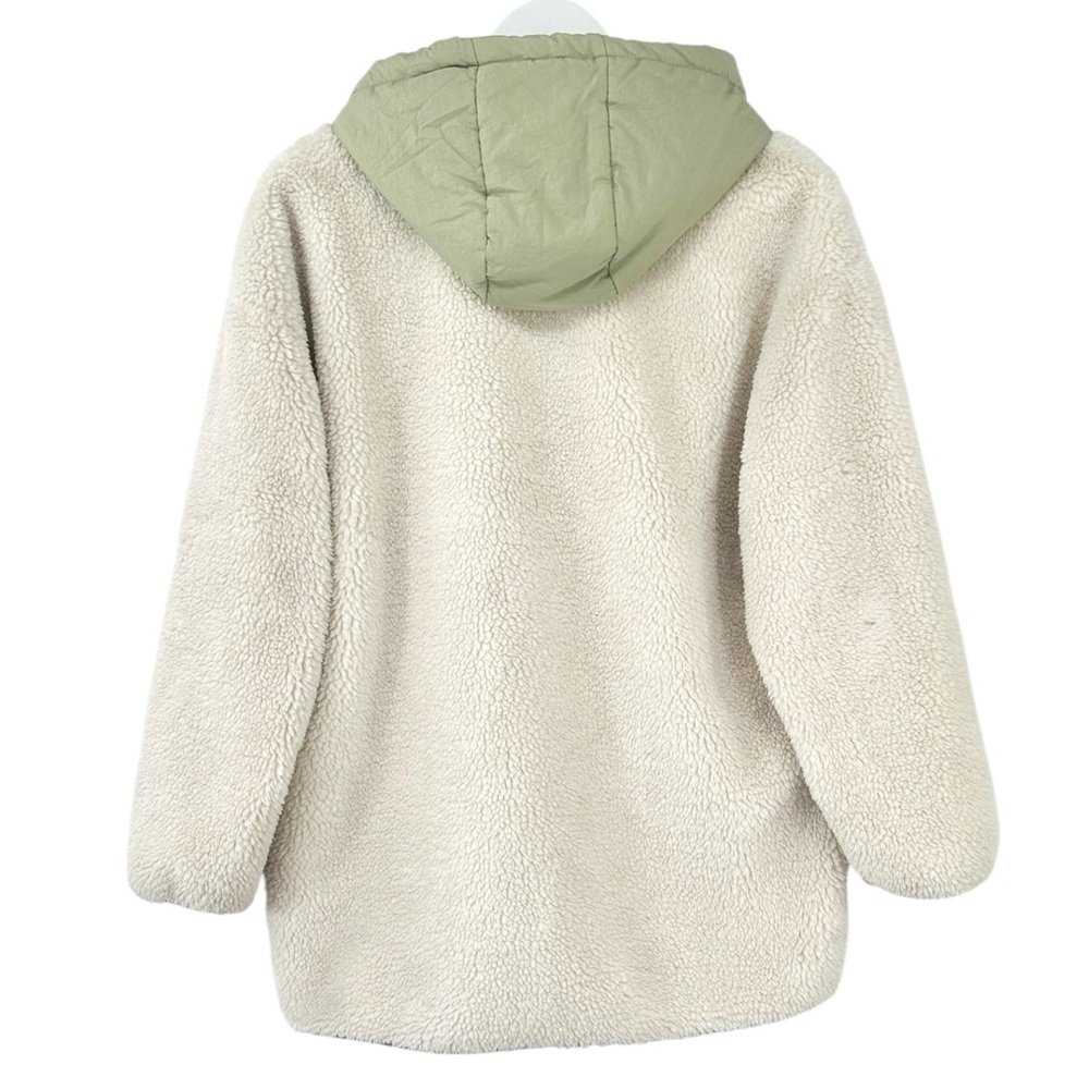 Zara Padded Cream White & Green Hooded Sherpa Fleece Button Up Jacket sz S - Picture 2 of 9